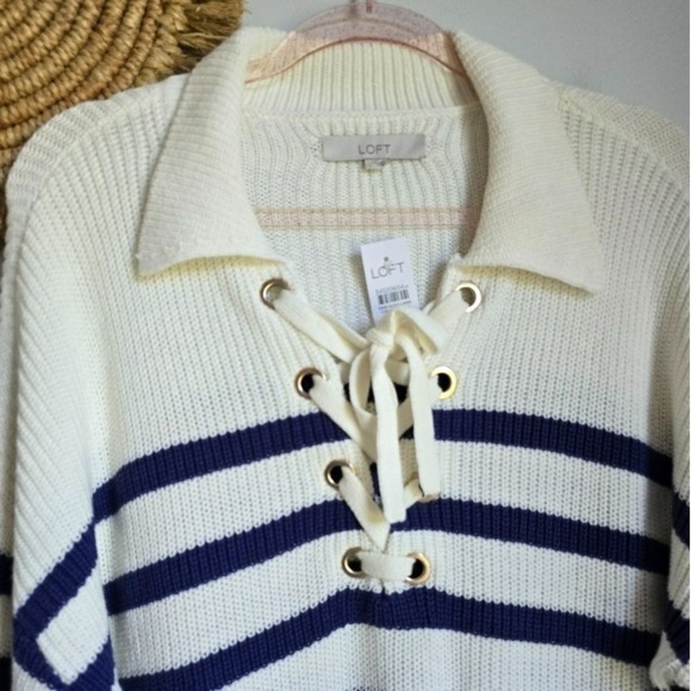 Ann Taylor Loft NEW Striped Lace Up Polo Sweater Navy White Nautical SZ Large - Picture 4 of 11